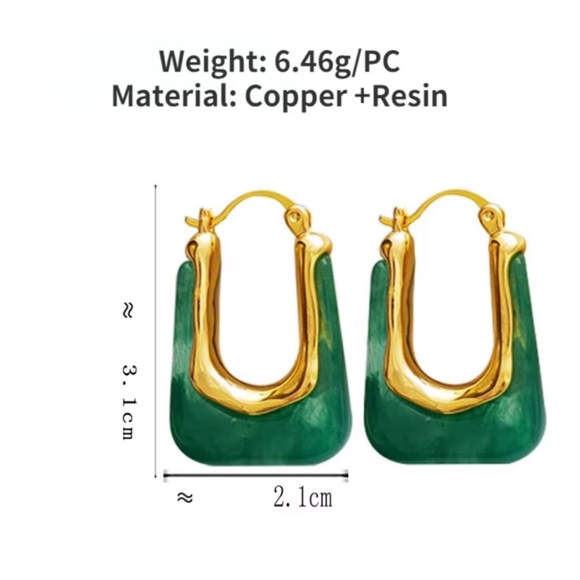 Trendy Green Resin Gold Hoop Earrings – Geometric Statement Jewelry - Picture 5 of 7